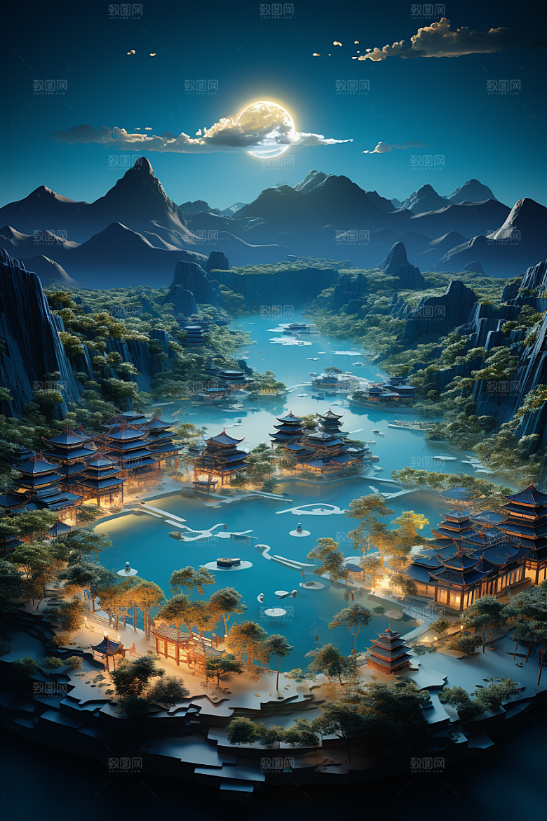 国潮光效建筑超现实梦幻模型