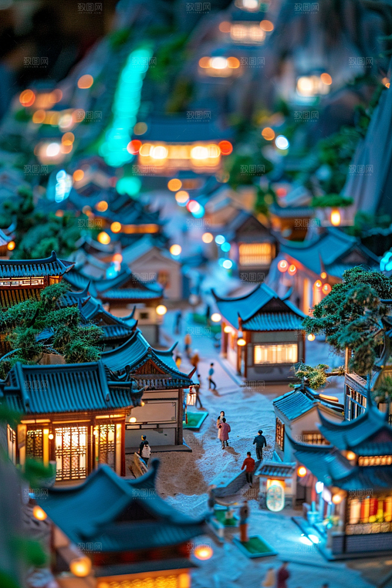 国潮光效建筑立体传统模型