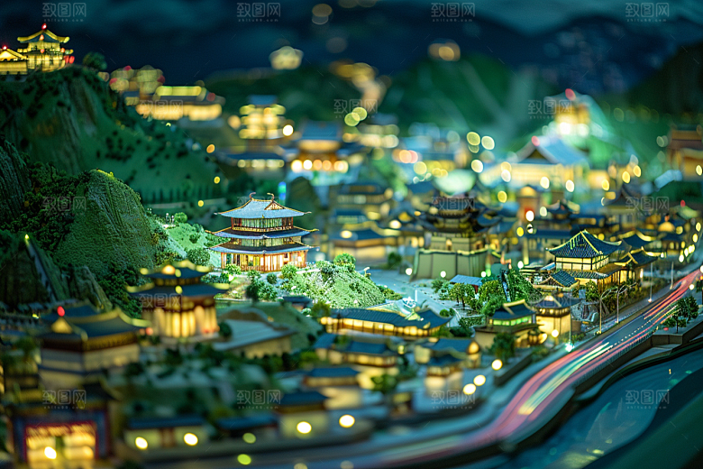 国潮光效建筑立体赛博朋克模型