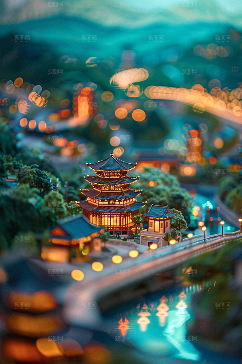 国潮光效建筑质感山水模型