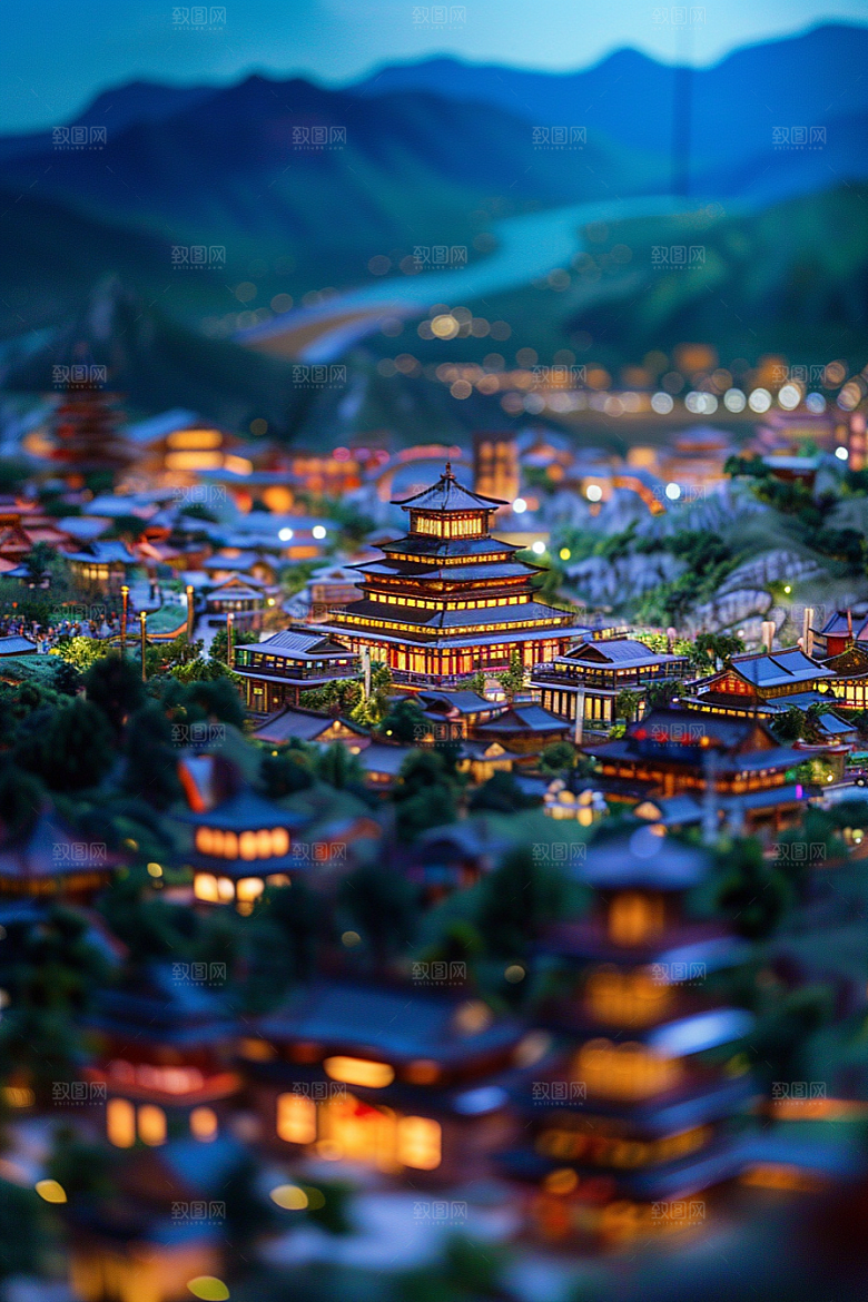 国潮光效建筑山水3D模型
