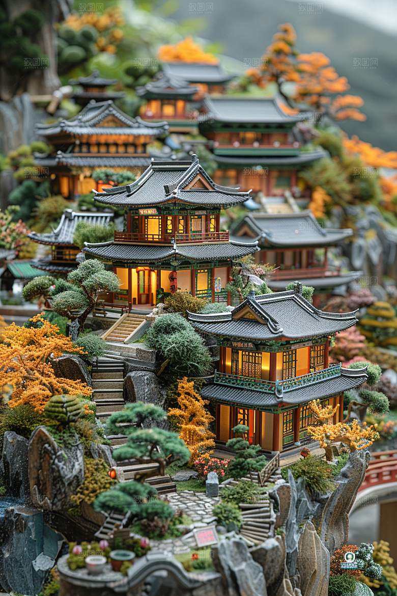 国潮光效建筑传统中国风模型