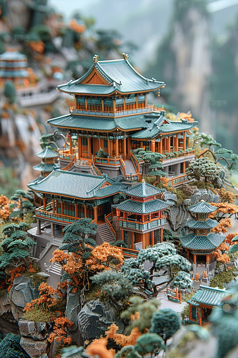 国潮光效建筑中国风传统模型
