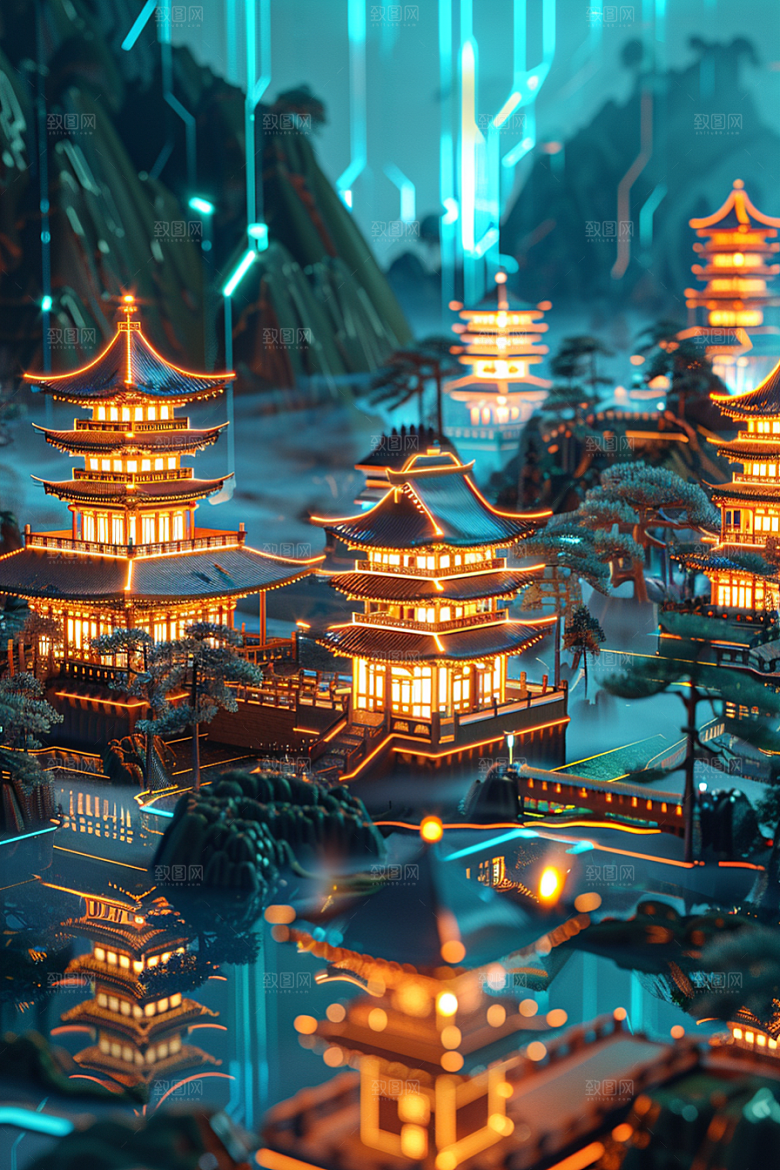 国潮光效建筑传统梦幻模型