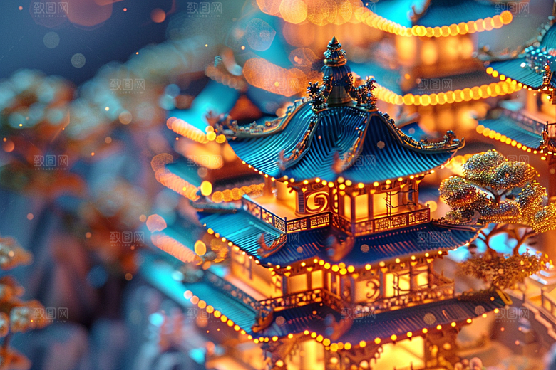 国潮光效建筑3D时尚模型