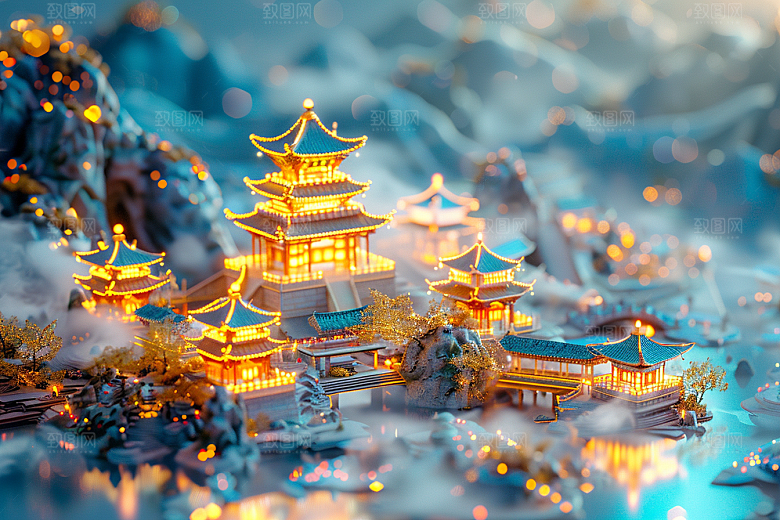 国潮光效建筑时尚超现实模型