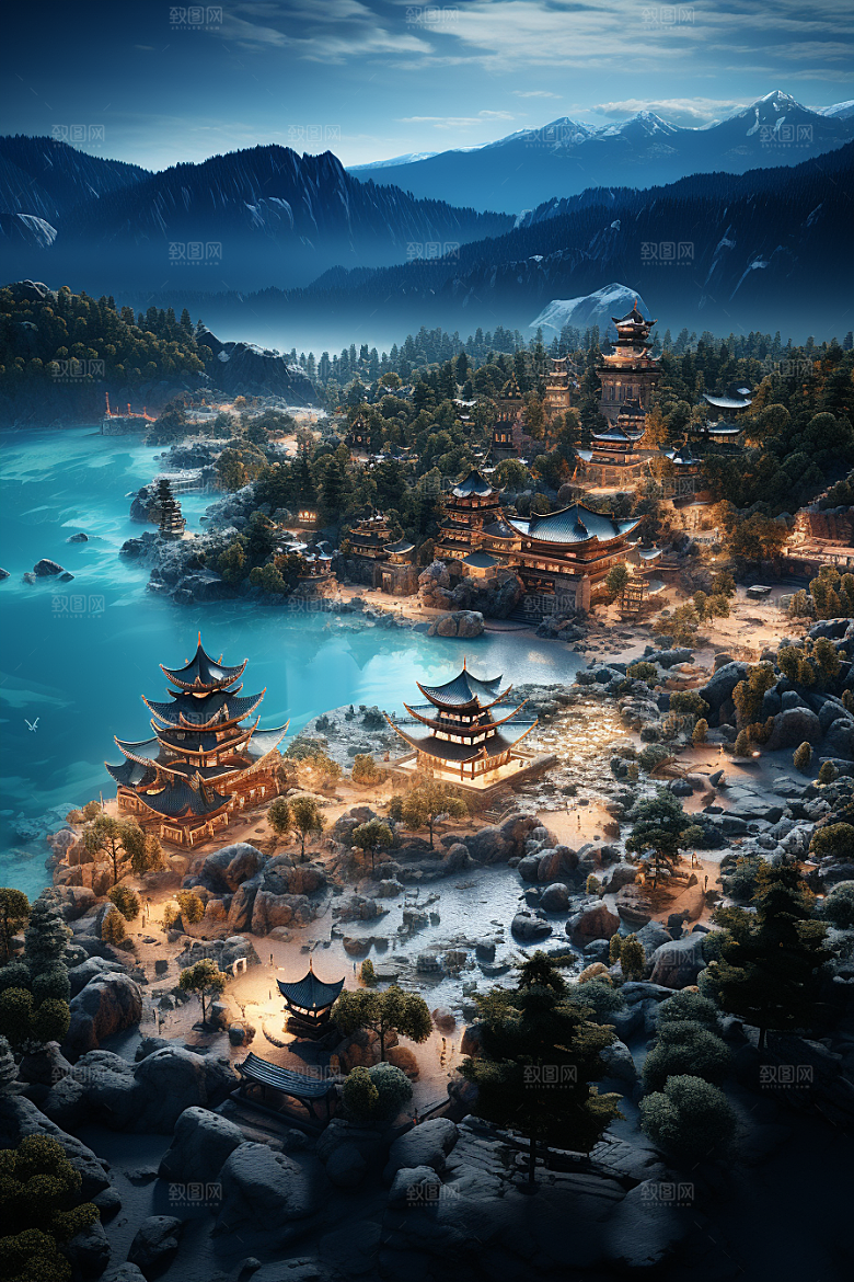 国潮光效建筑质感幻想风模型