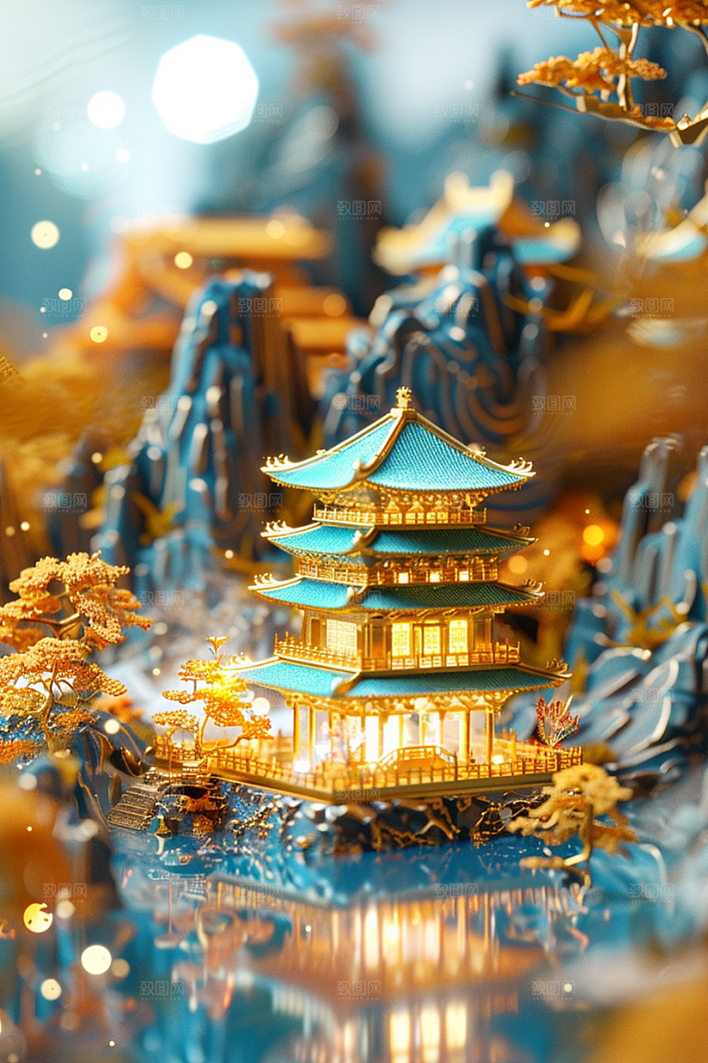 国潮光效建筑立体质感模型