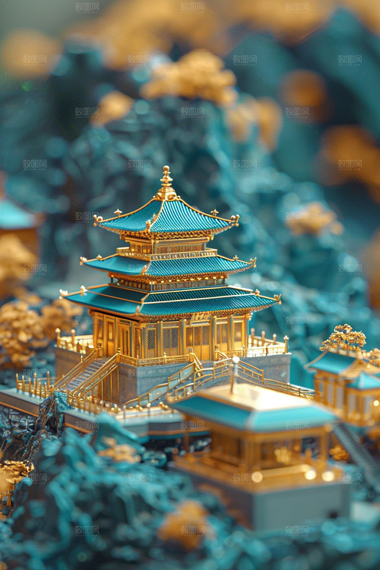 国潮光效建筑质感超现实模型