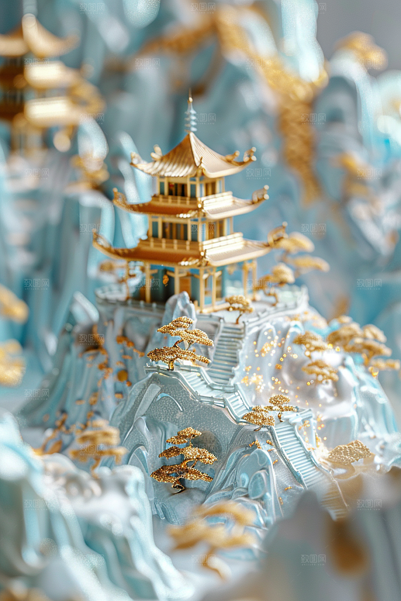 国潮光效建筑梦幻传统模型