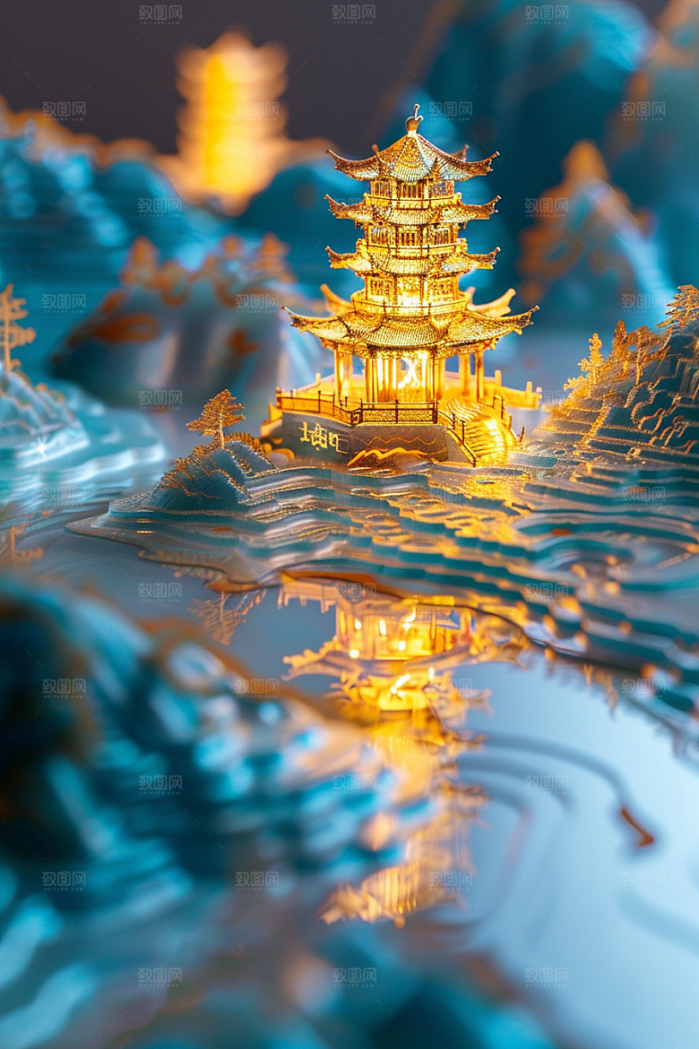 国潮光效建筑超现实幻想风模型