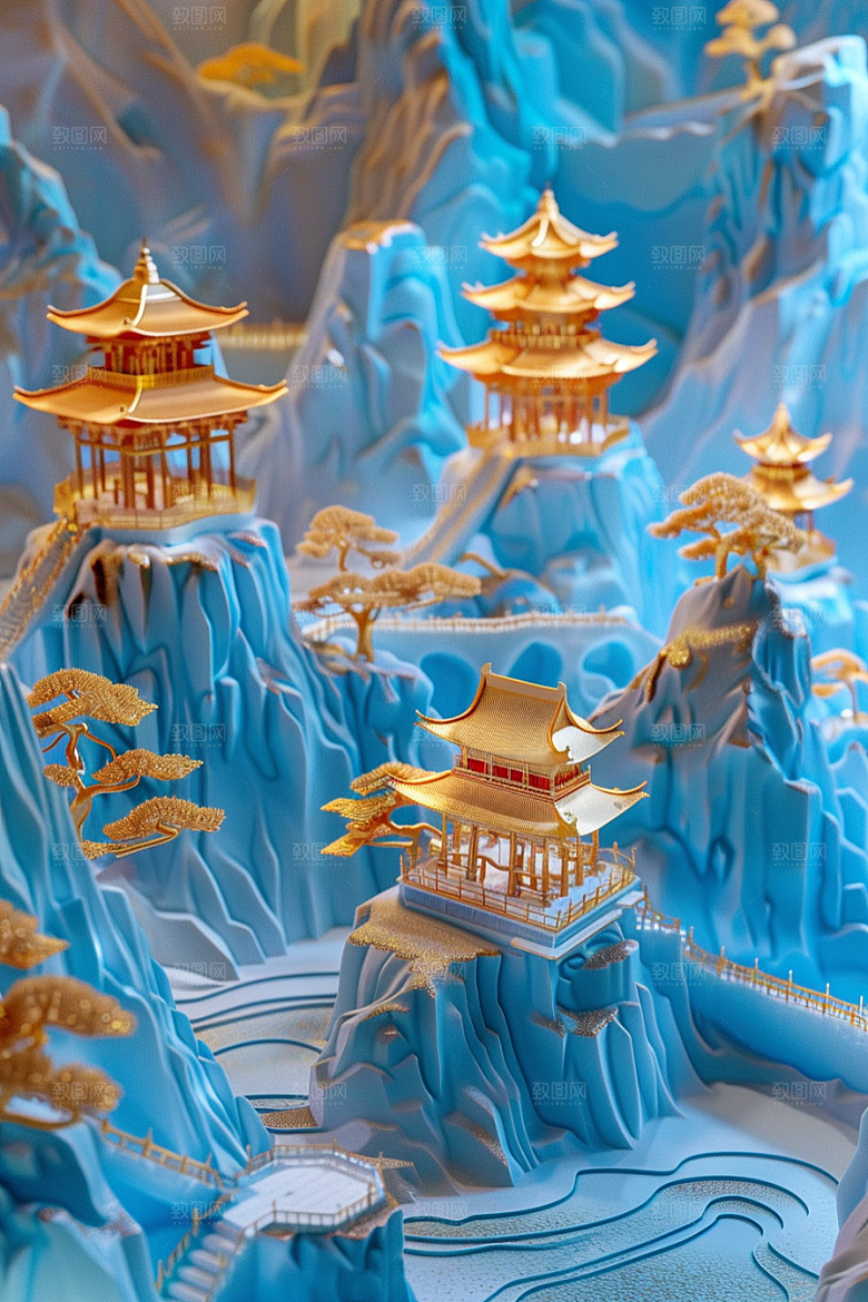国潮光效建筑质感3D模型