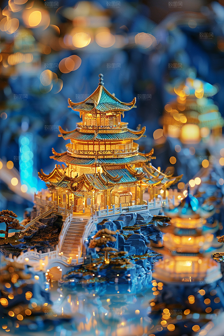 国潮光效建筑潮流传统模型