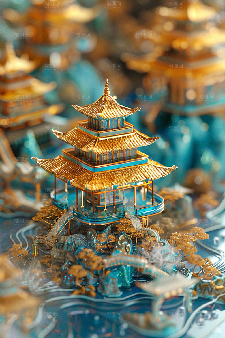 国潮光效建筑3D质感模型