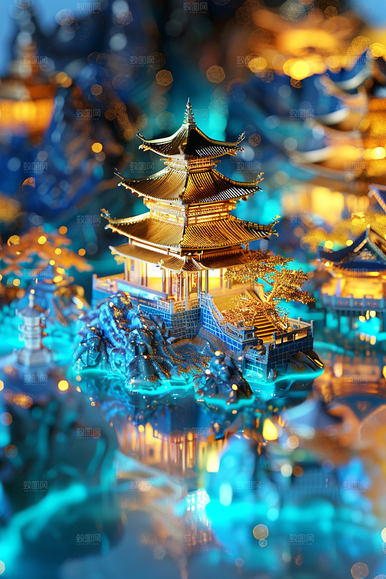 国潮光效建筑幻想风质感模型