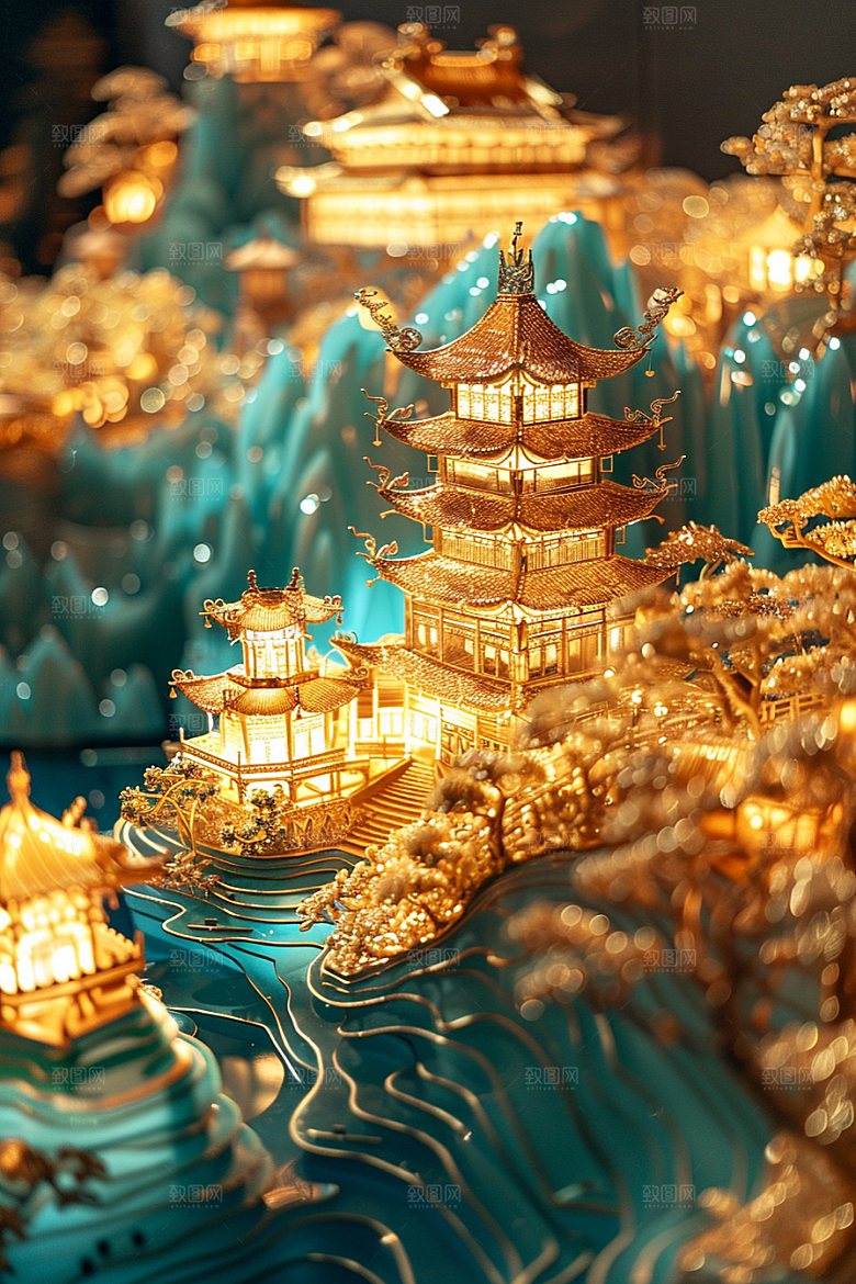 国潮光效建筑梦幻3D模型