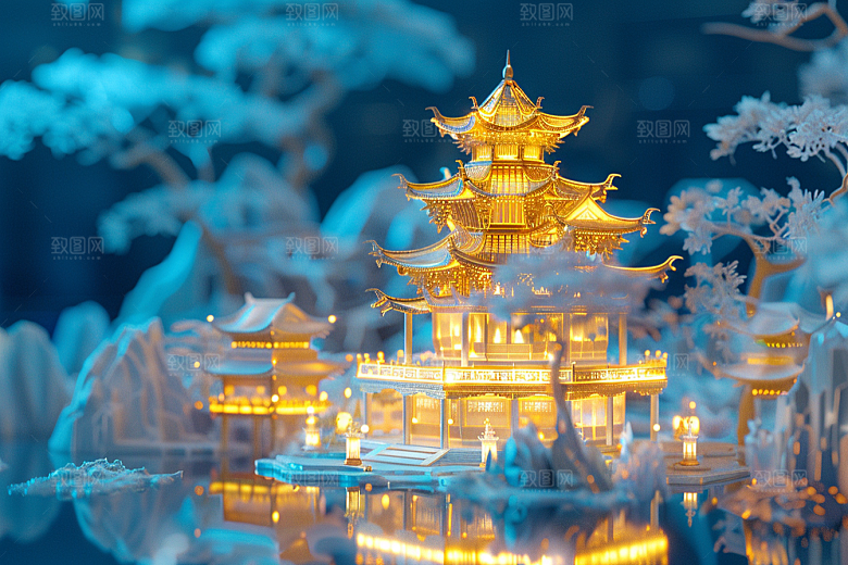 国潮光效建筑时尚山水模型