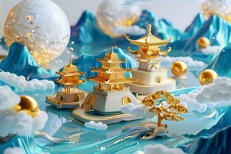国潮光效建筑梦幻潮流模型
