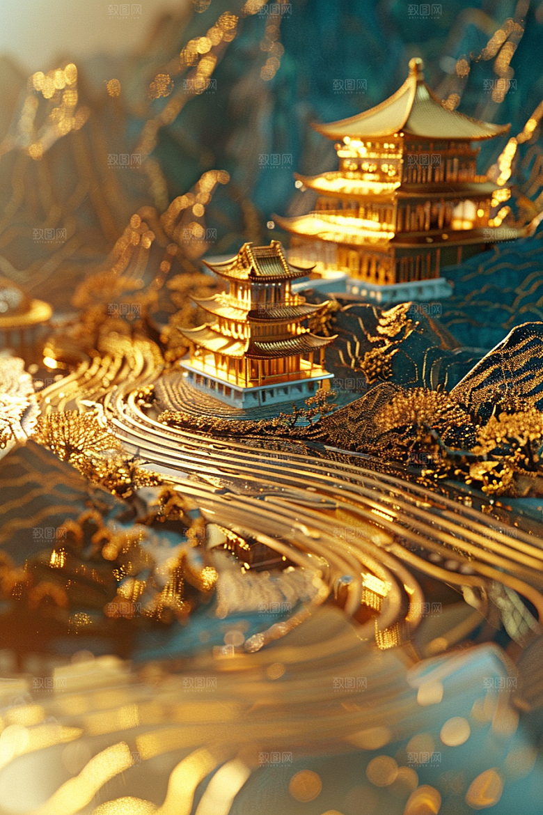 国潮光效建筑梦幻3D模型