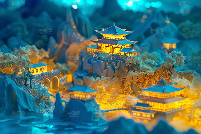 国潮光效建筑赛博朋克潮流模型