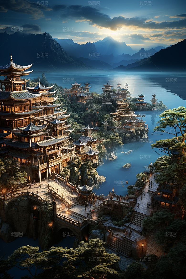 国潮光效建筑超现实中国风模型