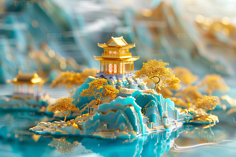 国潮光效建筑3D立体模型