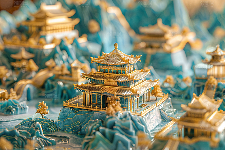国潮光效建筑山水梦幻模型