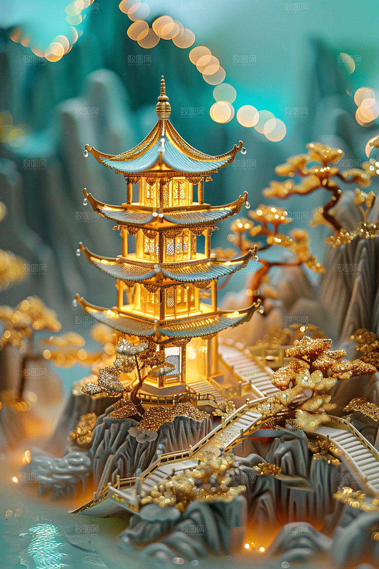 国潮光效建筑3D潮流模型