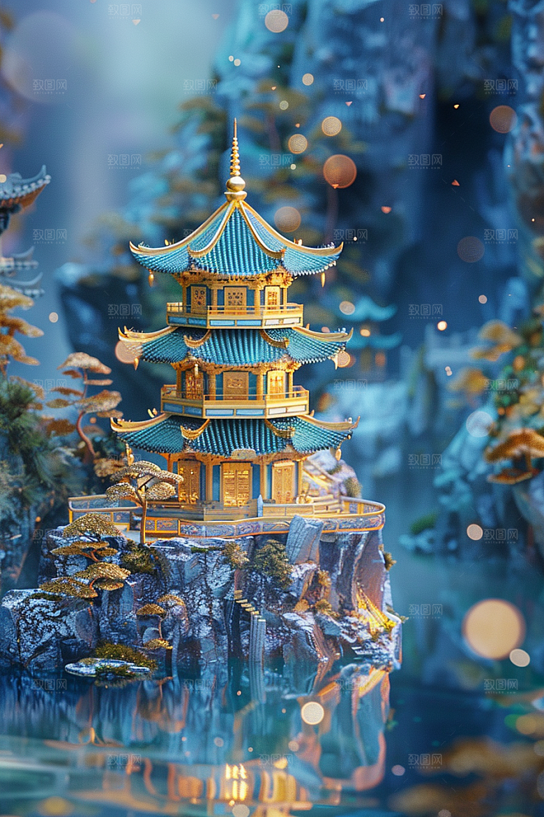 国潮光效建筑3D中国风模型