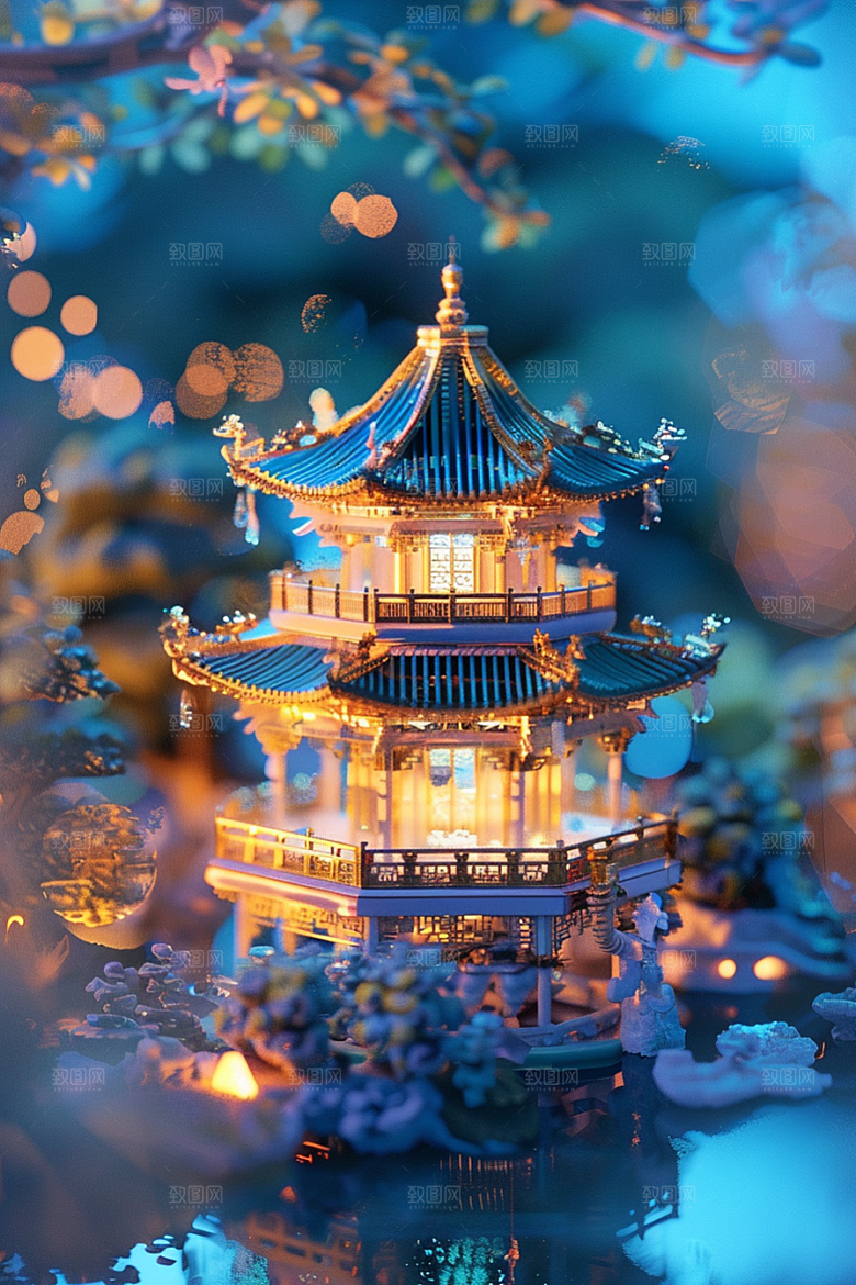 国潮光效建筑潮流立体模型