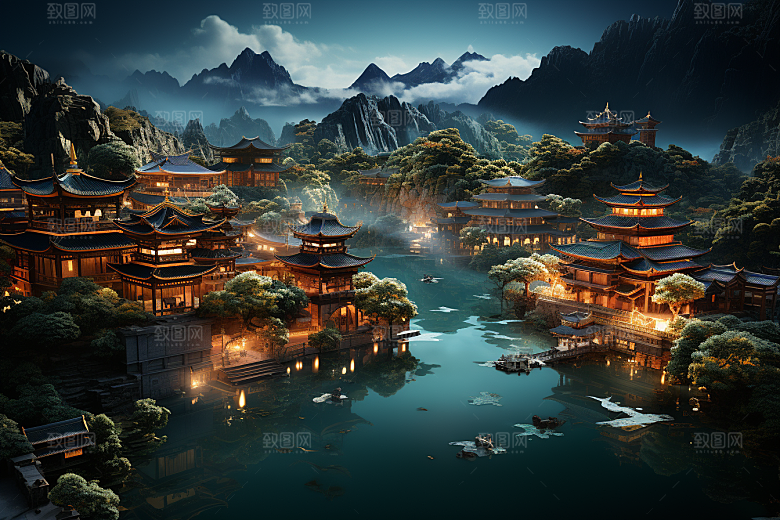 国潮光效建筑梦幻潮流模型