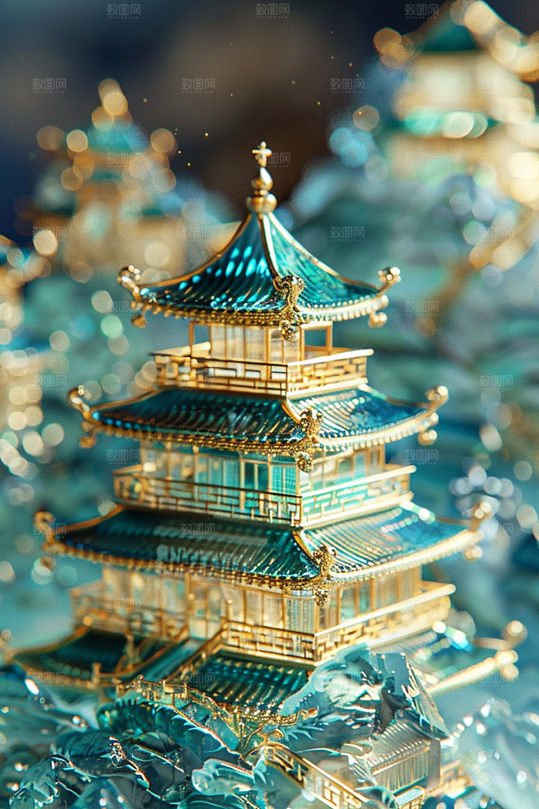 国潮光效建筑3D超现实模型