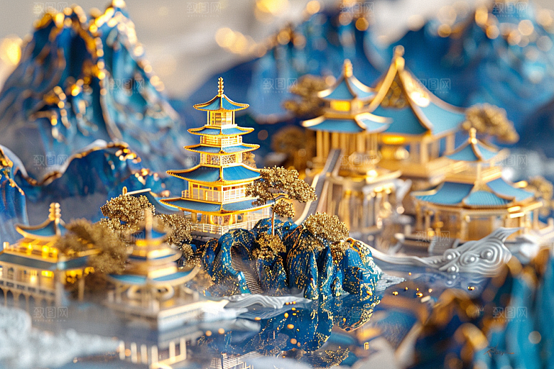 国潮光效建筑山水幻想风模型