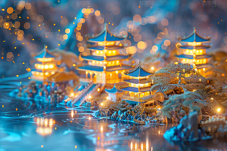 国潮光效建筑幻想风潮流模型