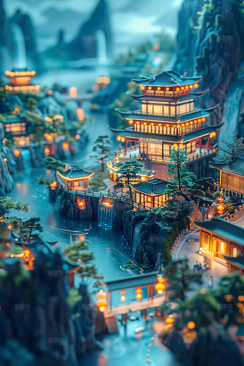 国潮光效建筑质感时尚模型