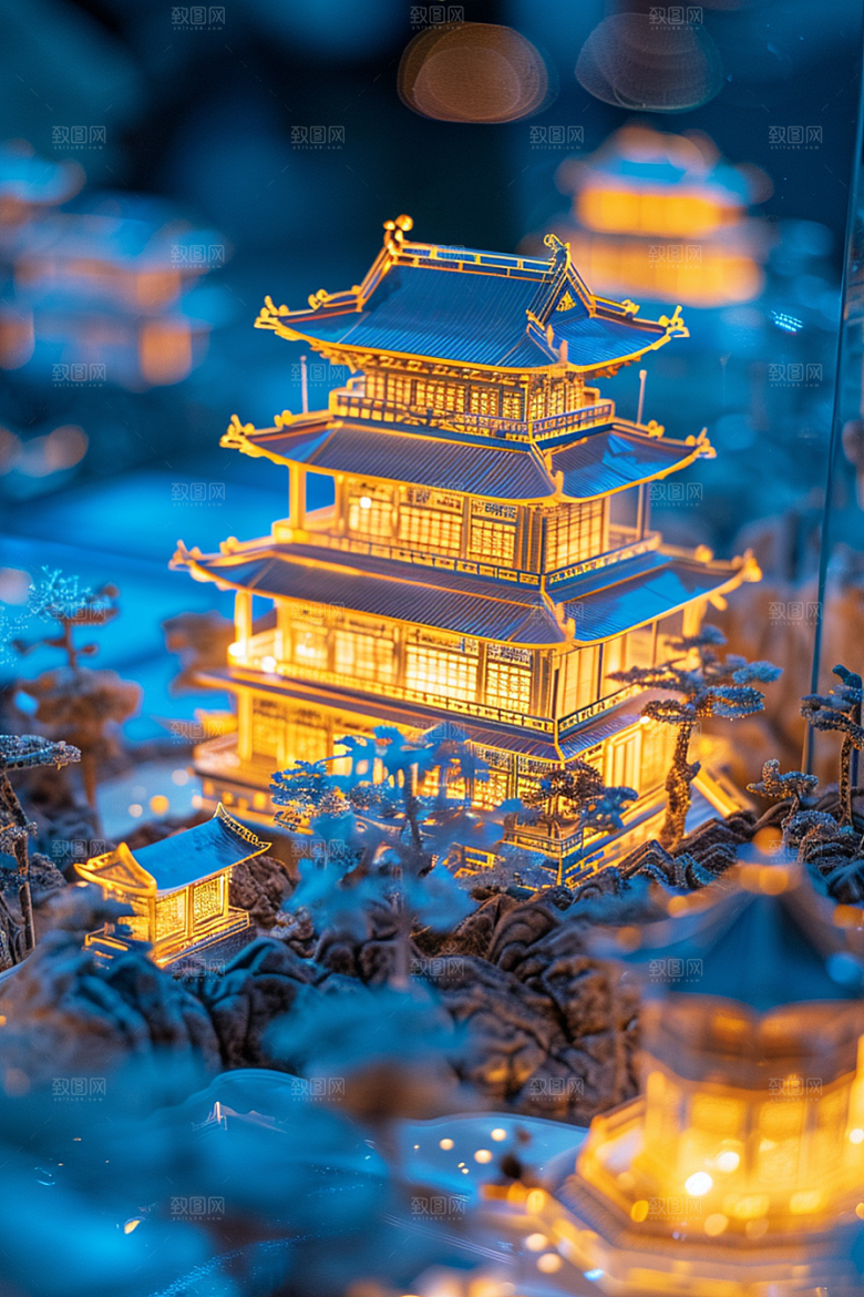 国潮光效建筑山水中国风模型