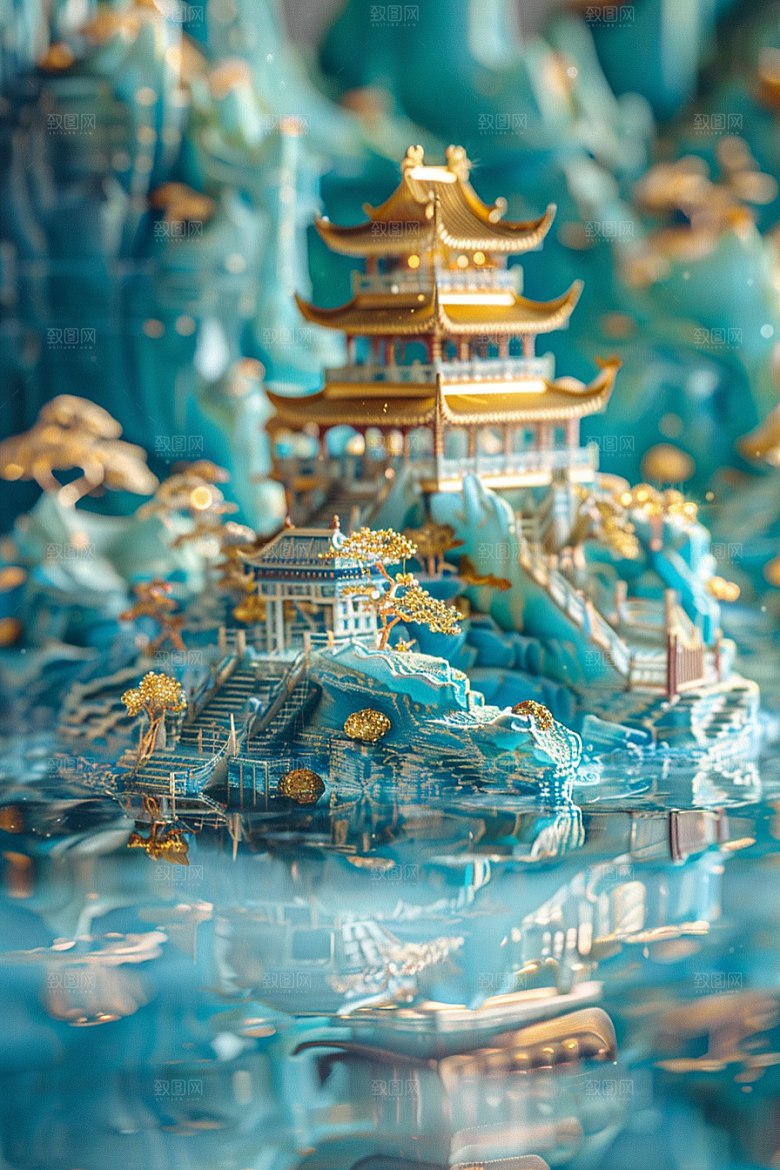国潮光效建筑3D赛博朋克模型