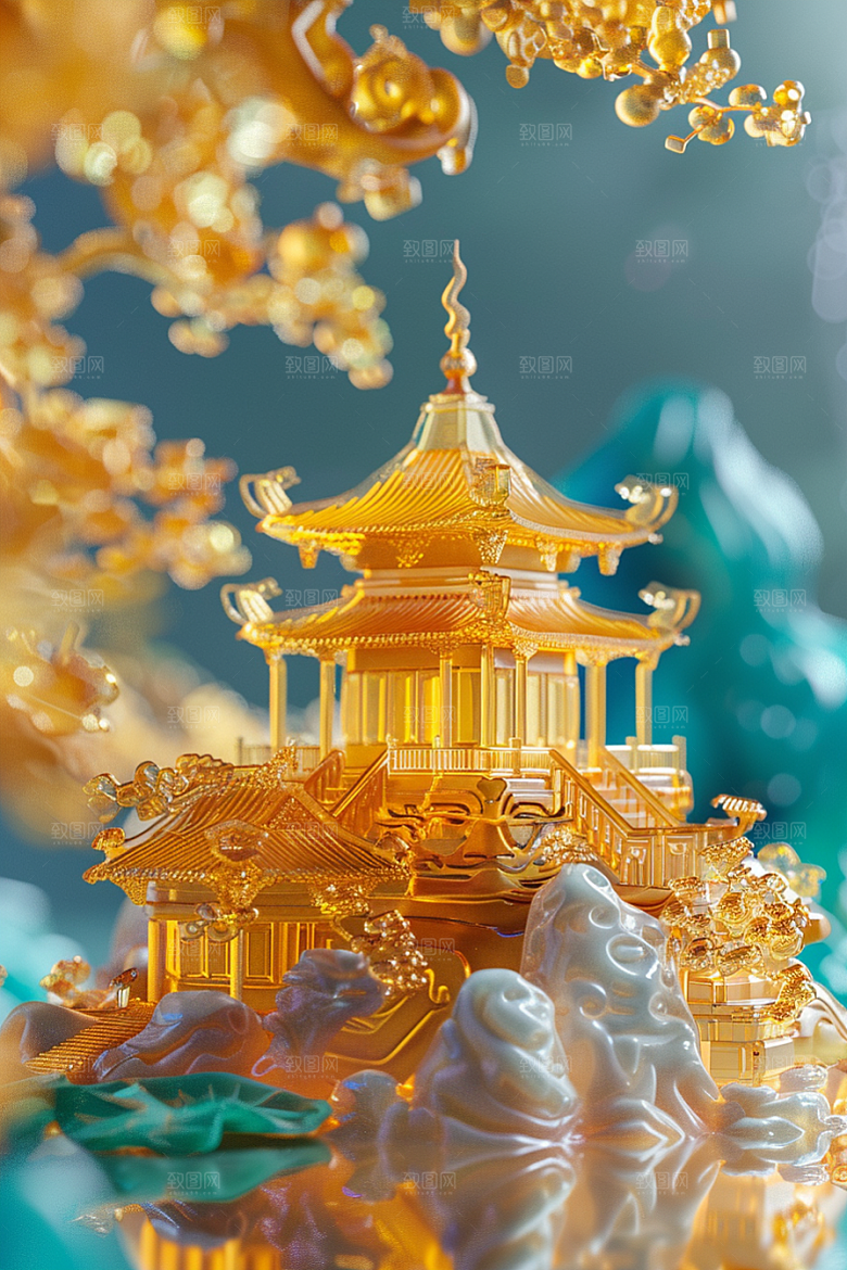 国潮光效建筑梦幻质感模型