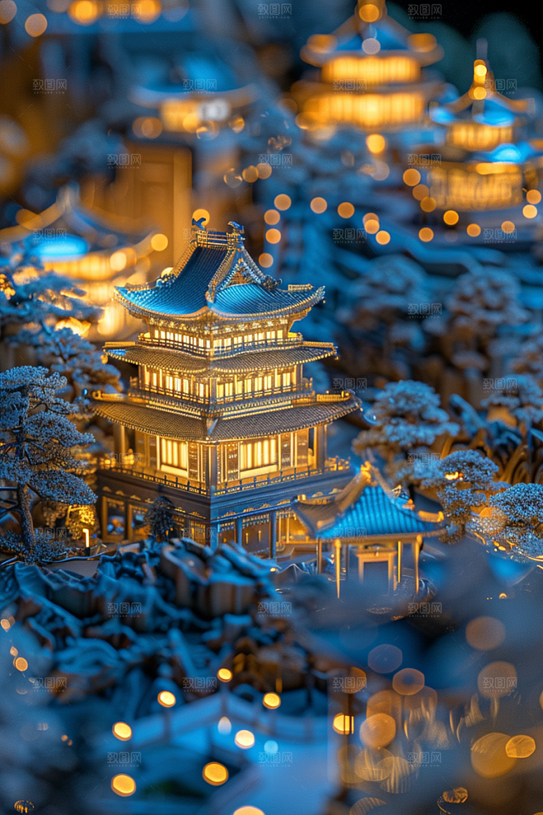 国潮光效建筑赛博朋克立体模型