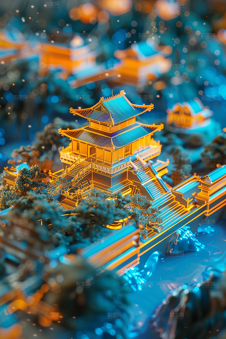 国潮光效建筑中国风微距模型