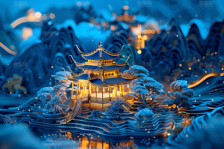 国潮光效建筑传统高清模型