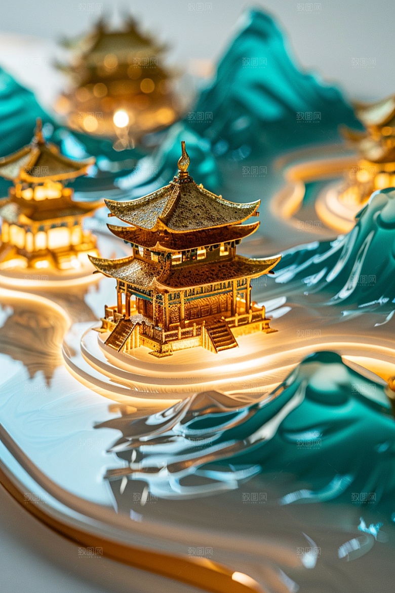 国潮光效建筑潮流质感模型