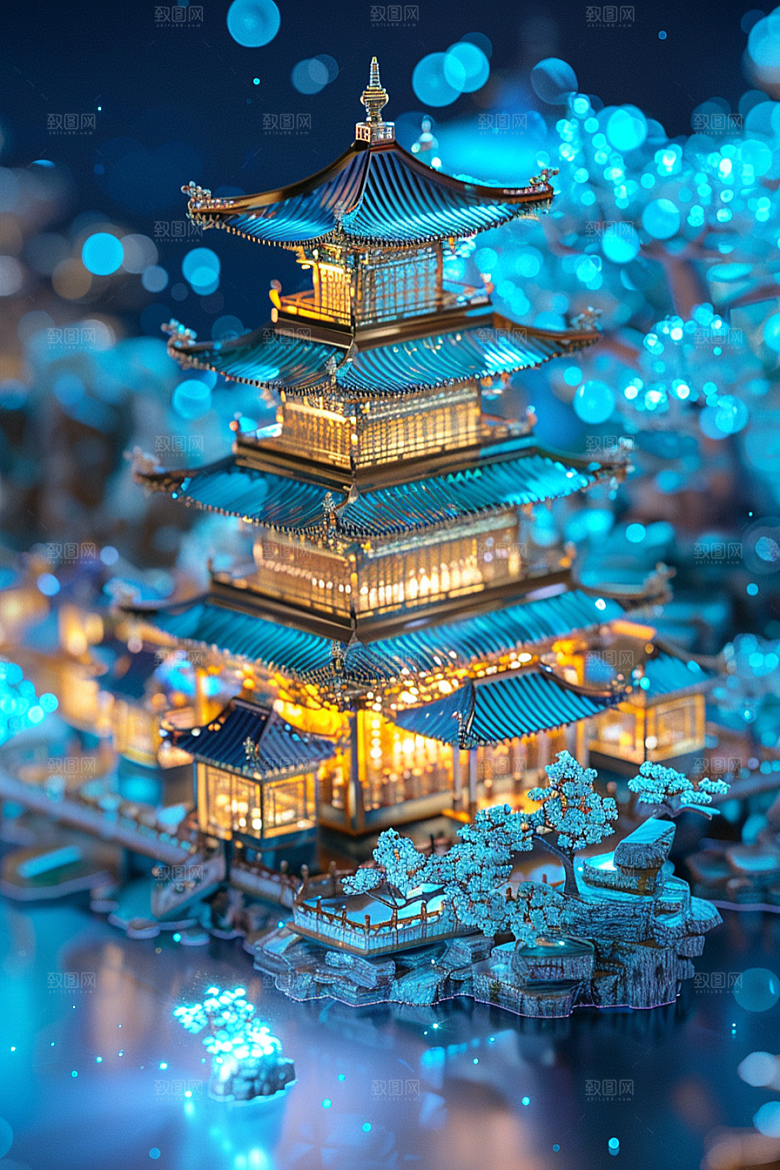 国潮光效建筑3D梦幻模型