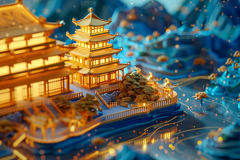 国潮光效建筑传统超现实模型
