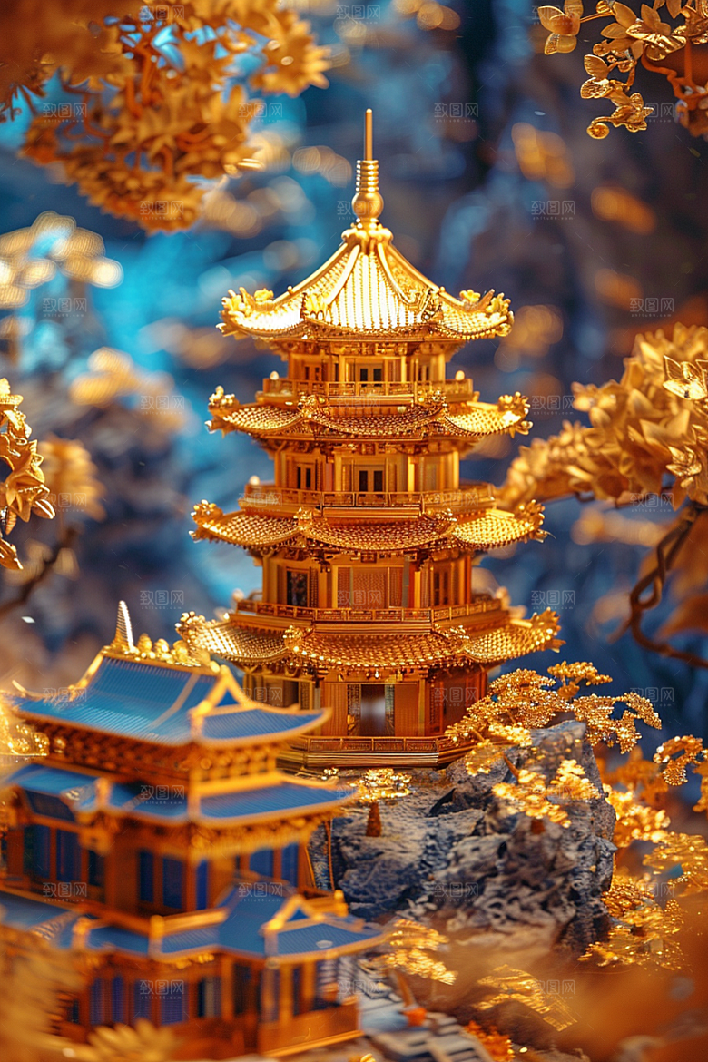国潮光效建筑梦幻赛博朋克模型