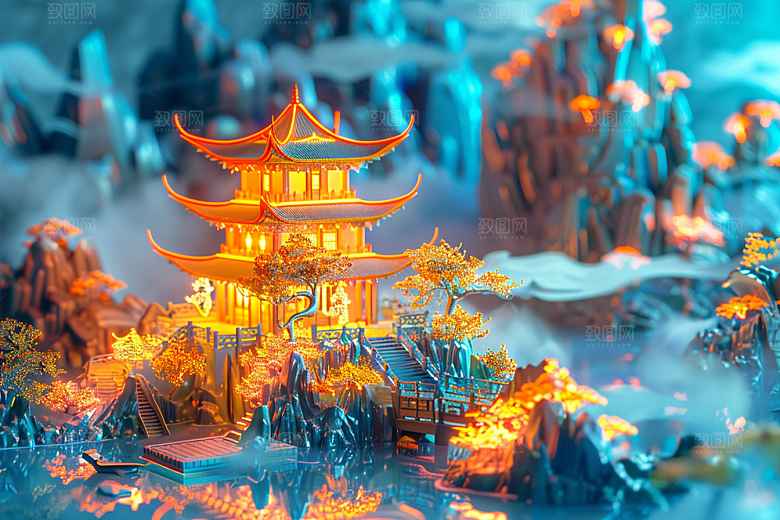 国潮光效建筑中国风质感模型