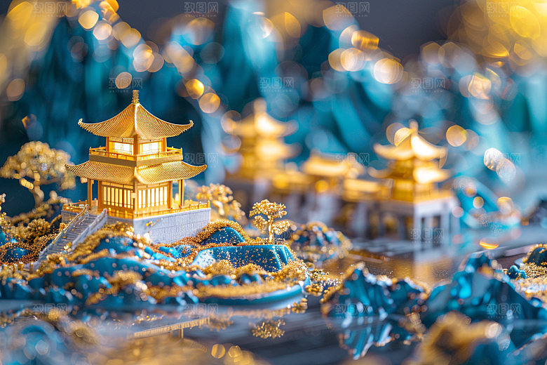 国潮光效建筑3D立体模型