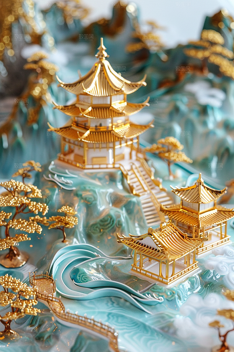 国潮光效建筑梦幻立体模型