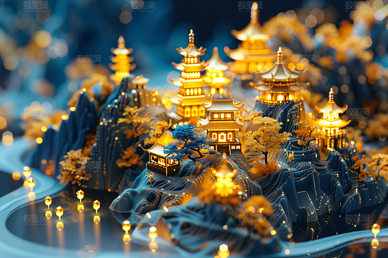 国潮光效建筑超现实质感模型
