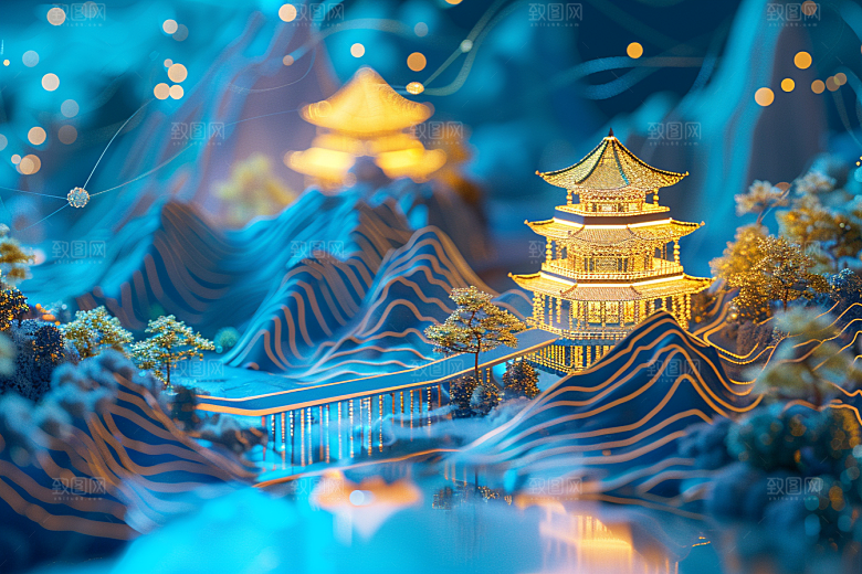 国潮光效建筑3D幻想风模型